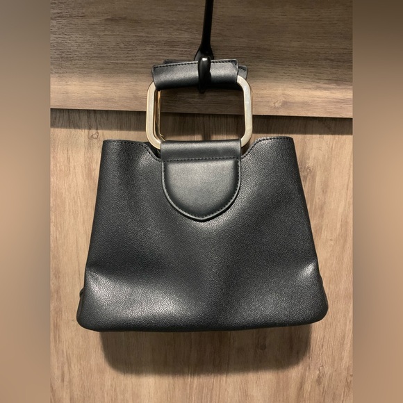 Modern Black Pebbled Leather Handbag - Gold Square Top Handle Satchel Purse - Picture 3 of 8